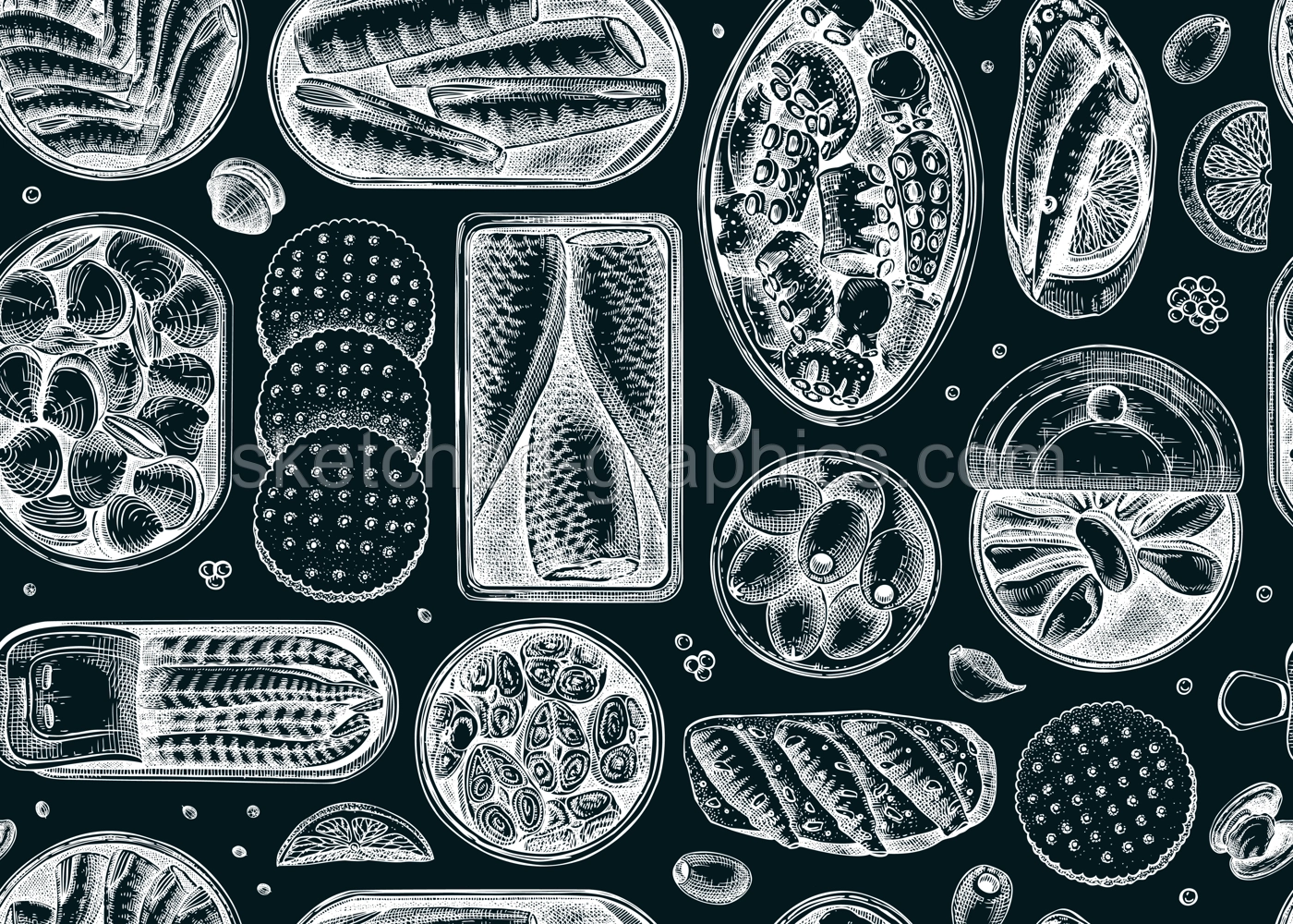 Seafood background on chalkboard. Hand-drawn tinned fish seamless pattern. Sardines, anchovy, mackerel, tuna, mussels in tin cans, fish canapes, olives, crackers sketches. For packaging or textile Illustration